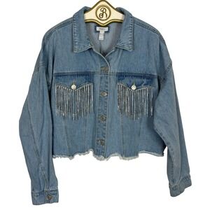 Rhinestone Fringe Denim Jacket Women 2X Cropped Western Glam Festival Rave Party